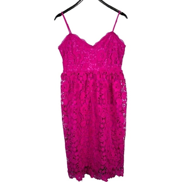 BOOHOO OCCASION HOT PINK STRAPPY CROCHET LACE V-NECK SKATER MIDI COCKTAIL DRESS - Picture 2 of 11